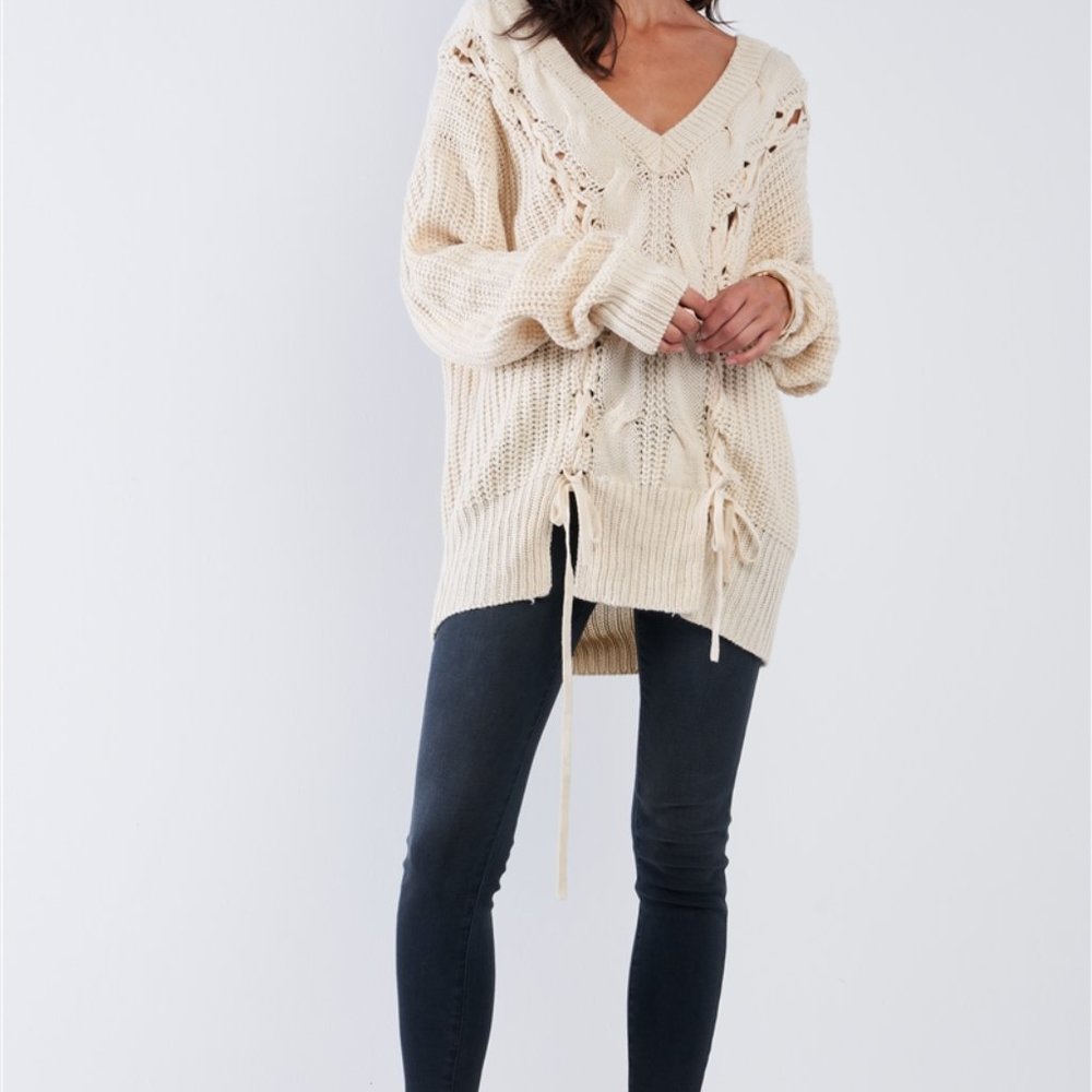Oversized Cream Sweater with knit lacing NWT - Picture 3 of 3